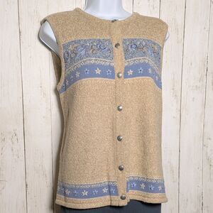 Vintage Knit Sweater Vest Floral Embroidered Blue Tan Cottagecore Womens M